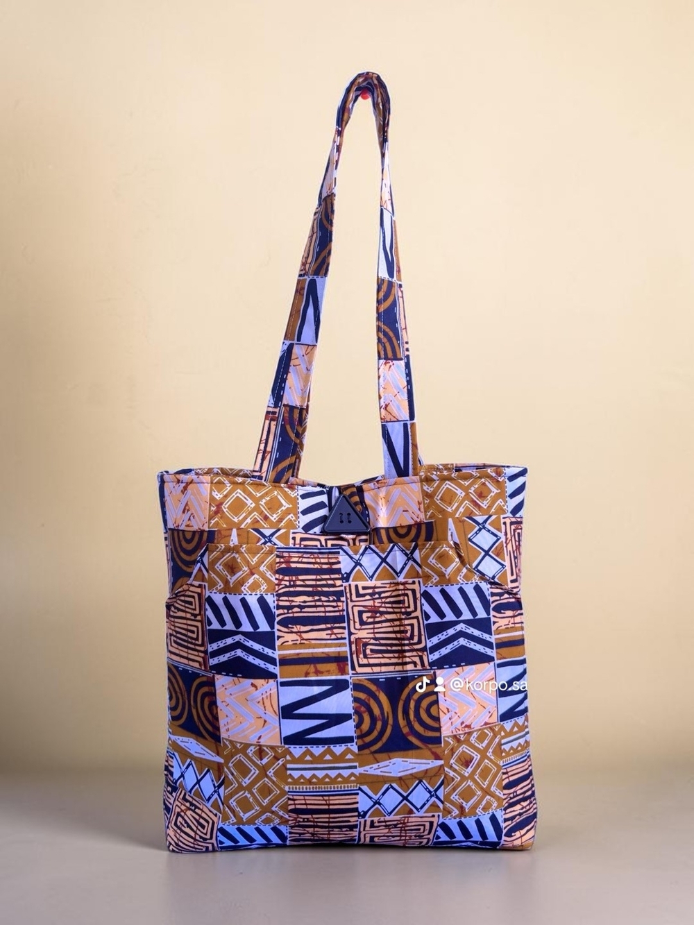 Patchwork Print Tote Bag in Blue and Brown